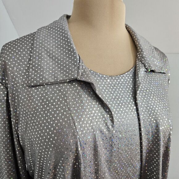 Silver Metallic Button Up Shirt Over Tank Top Womens Medium Holiday Festive - Picture 6 of 11